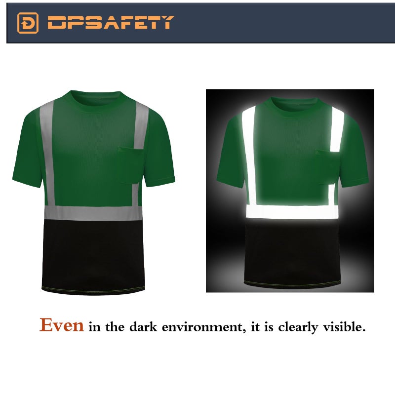DPSAFETY High Visibility Shirts Quick Dry Safety T Shirts with Reflective Strips and Pocket Short Sleeve Mesh Hi Vis Construction Work Class 2 Shirt for Men/Women Black Bottom Green,Small - Image 5